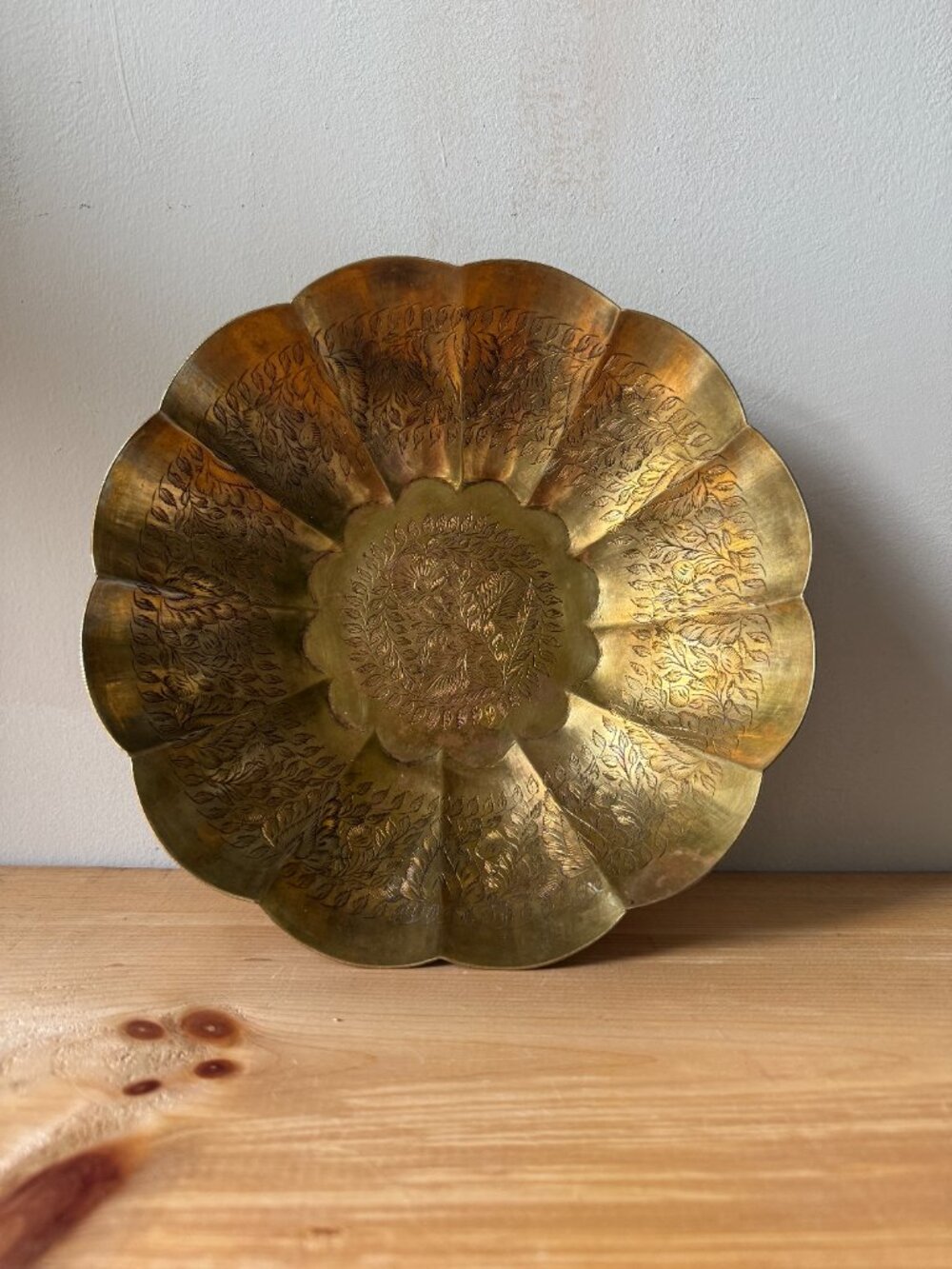 Vintage Etched Brass Bowl with Floral Design & Scalloped Rim